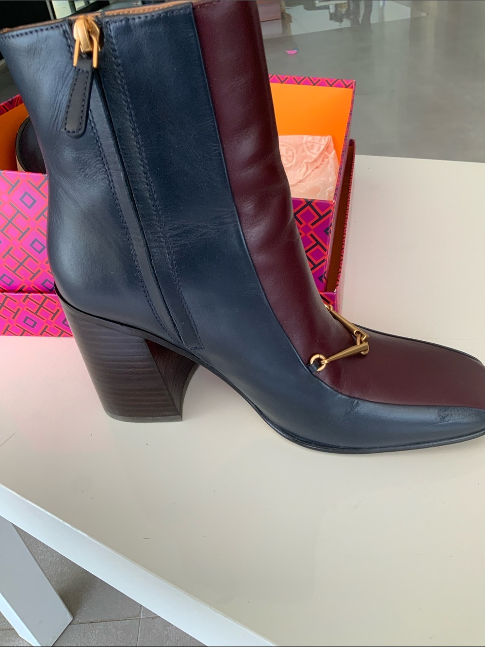 Tory Burch Two-Tone Burgundy and Navy Leather Block Heel Ankle Boots - Picture 3 of 5